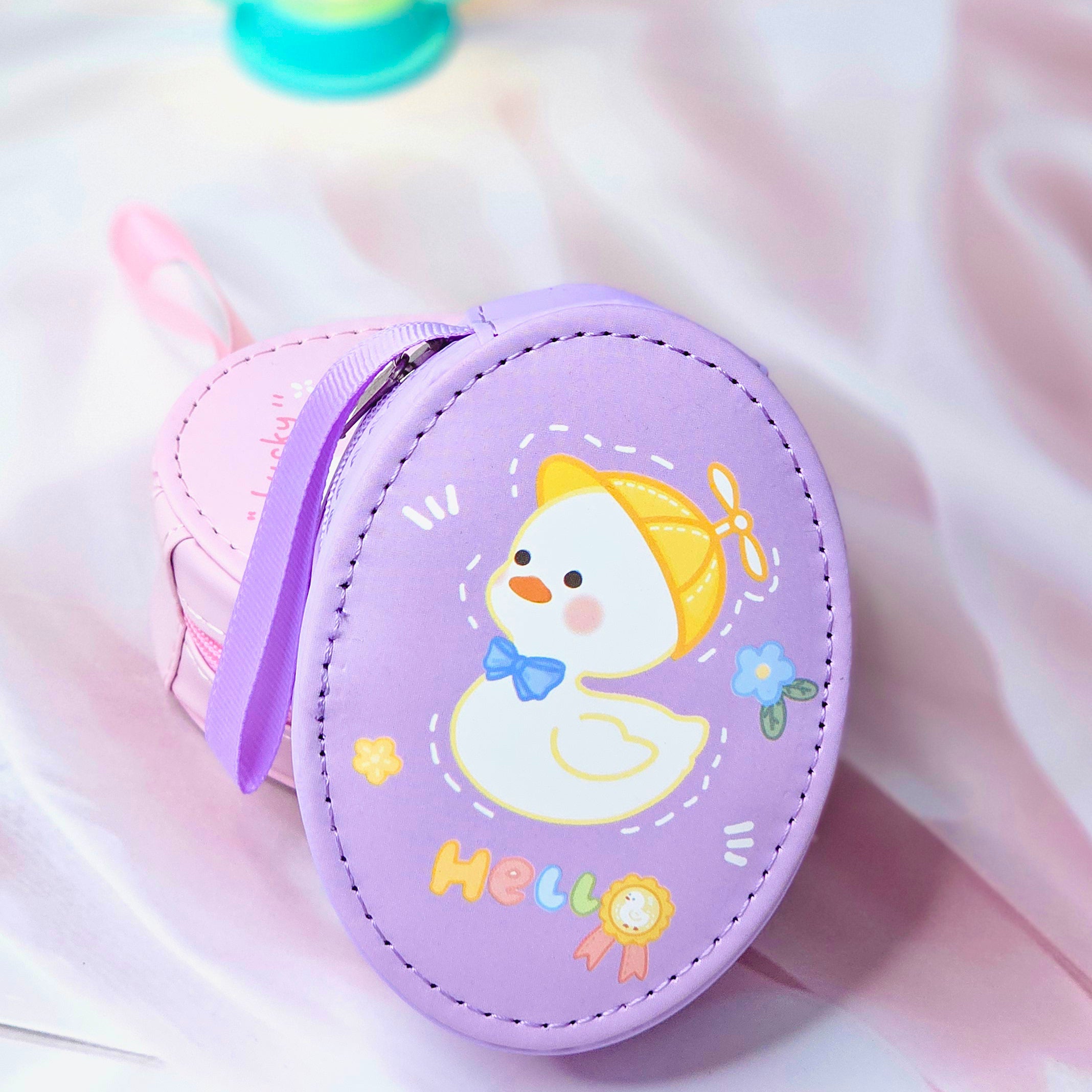 Six colorful cute cartoon oval mini zipper pouches with bear, bunny, duck, cake, and cloud designs, perfect for coins, earphones, and small accessories